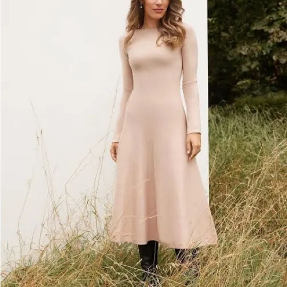 Karen Millen Lydia Millen Knit Midi Dress – Beige Cream, Full Skirt, Size M